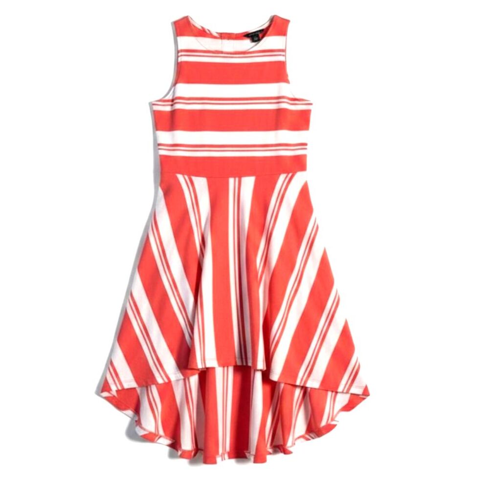 Tommy Hilfiger Girls 8/10 Striped High Low Dress Coral White Preppy Nautical